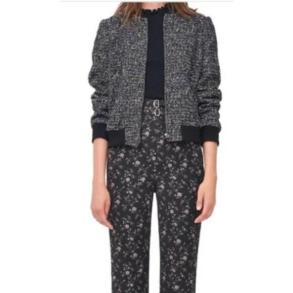 Rebecca Taylor multi tweed bomber jacket sz 4 short black cotton zip up textured - Picture 7 of 15